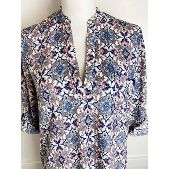 Lush • Blue Pink Patterned Split Neck Blouse - Picture 2 of 4